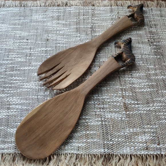 Vintage Hand Carved Wooden Zebra Spoon and Fork - Picture 7 of 14